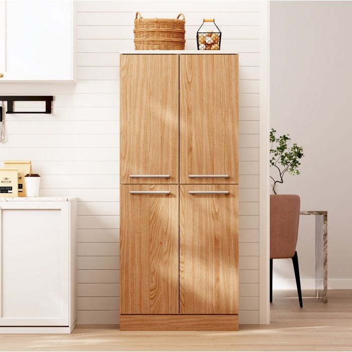 HOMVRA Colonne de rangement cuisine 4 portes avec étagères réglables MDF aspect chêne blanc et naturel HOMVRA Colonne de rangement cuisine 4 portes avec étagères réglables MDF aspect chêne blanc et naturel