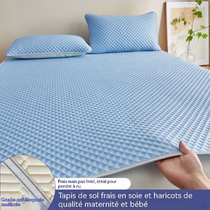 Drap housse rafraîchissant 3 pièces 180x200 cm soie glacée lavable pliable bleu foncé angle droit pour lit été climatis DRAP HOUSSE