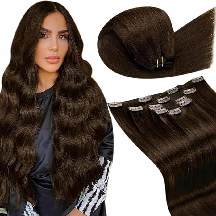 Extension cheveux clip invisible 30 cm remy cheveux humains brun foncé lot de 5 pièces 80 g