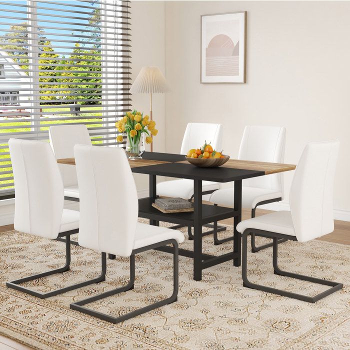 Ensemble table à manger rectangulaire 160x90x76 cm avec 6 chaises blanches en similicuir PU et étagère intégrée