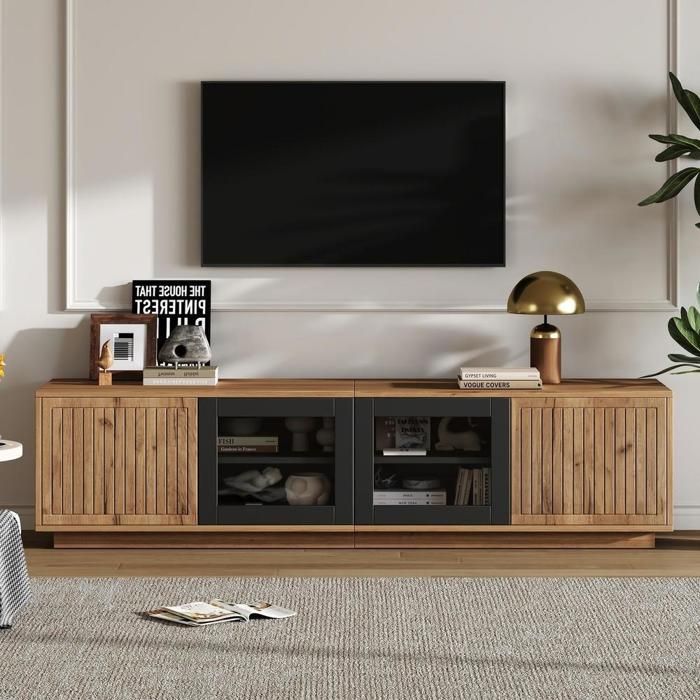 Meuble TV - KOMHTOM - 180x40x45 cm - 4 portes (2 verre) - LED intégré - Pour TV 75 pouces Meuble TV - KOMHTOM - 180x40x45 cm - 4 portes (2 verre) - LED intégré - Pour TV 75 pouces