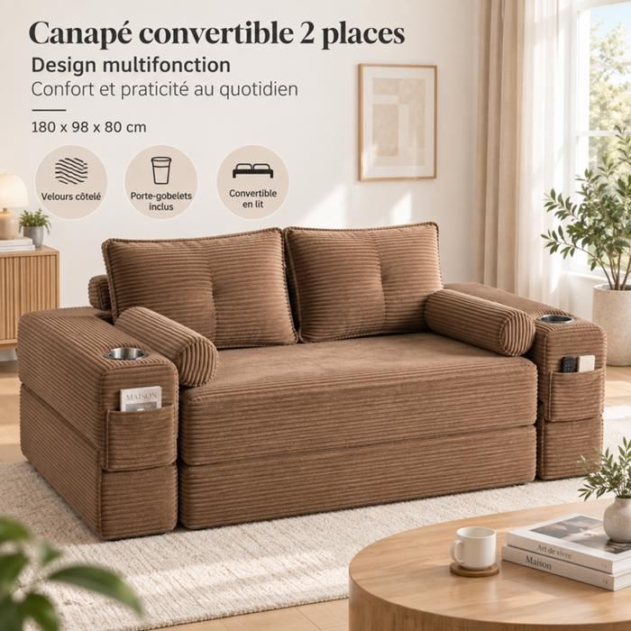 Canapé convertible - SOGEU - Banquette lit 180x98x80 cm - Velours côtelé marron - Porte-gobelets & poches