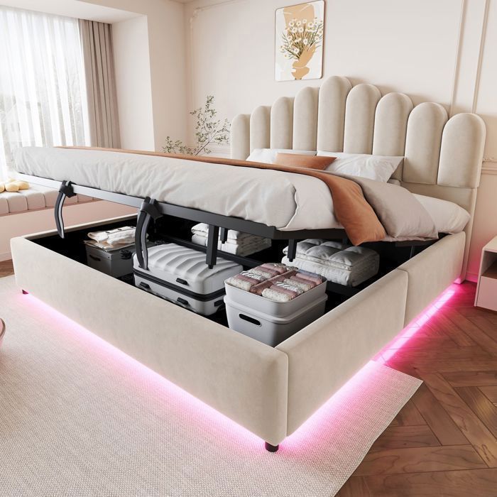 Lit Coffre - WESTYLE - Lit Coffre Tapissé - Velours beige - LED multicolore - Sommier à lattes 180x200