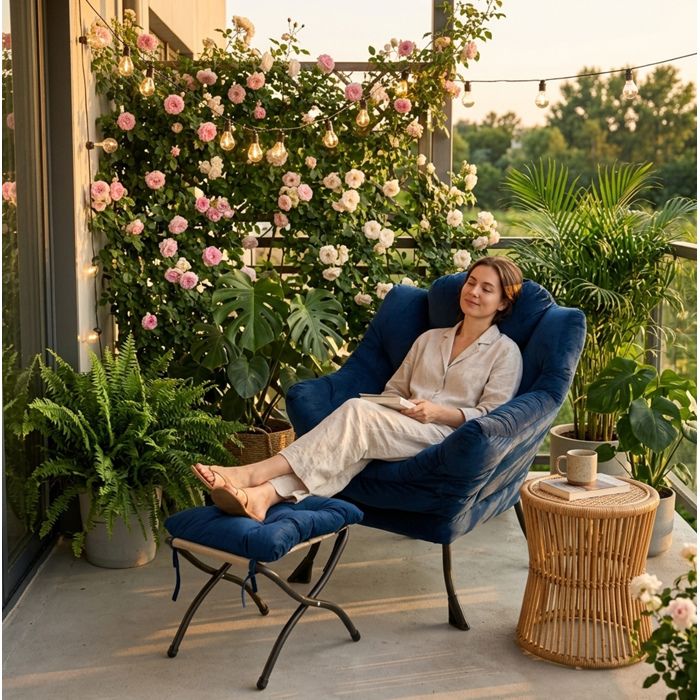 Fauteuil relaxation AESVAR avec repose-pieds accoudoirs et poche latérale tissu bleu foncé
