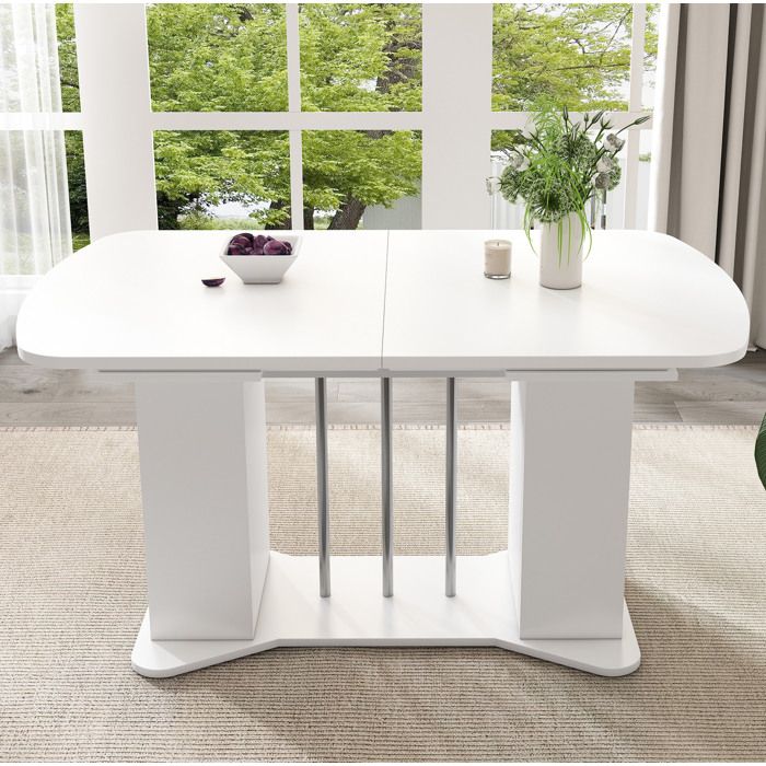 Table à manger extensible AESVAR 120/160 x 80 cm blanc pieds métal argenté rangement intégré 4-6 personnes