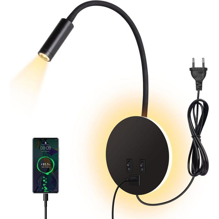 Applique murale LED 3W + 8W 3000K liseuse col de cygne pivotant 360° port USB finition noire pour chambre