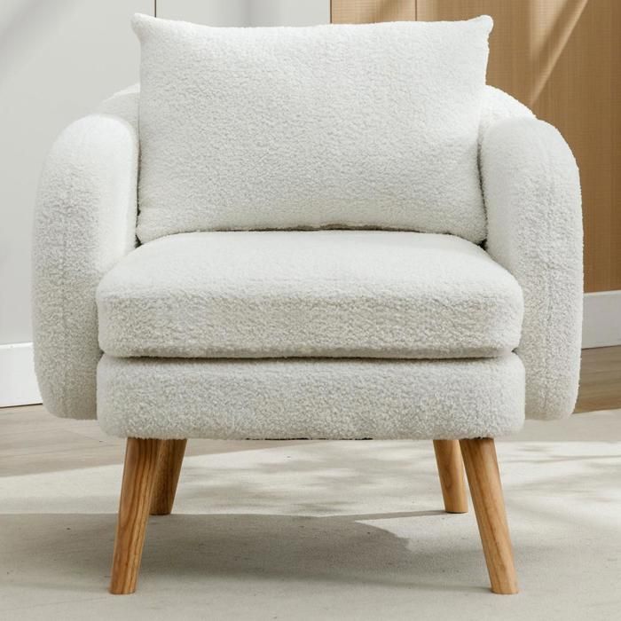 Fauteuil - KOMHTOM - moderne - Velours teddy blanc - Siège extra épais - Pieds bois massif Fauteuil - KOMHTOM - moderne - Velours teddy blanc - Siège extra épais - Pieds bois massif