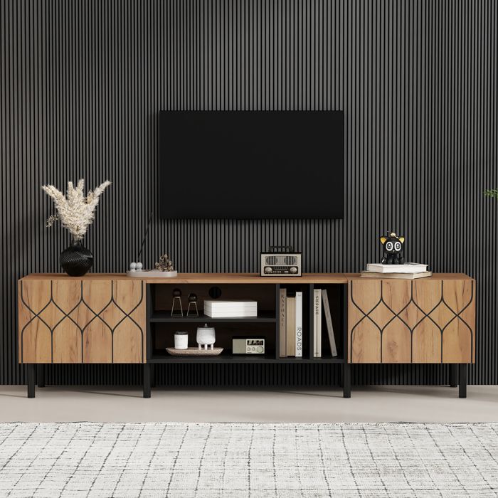 Meuble TV - ZEVKOR - Meuble TV 180 cm - 2 portes push-to-open - 4 niches ouvertes - Noir et bois naturel