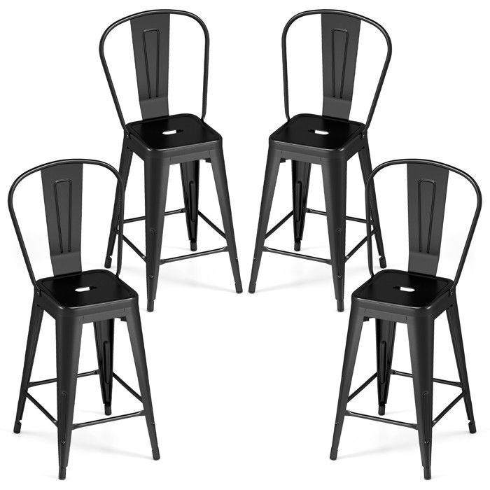 Lot de 4 tabourets de bar en métal avec dossier et repose-pieds empilables pour cuisine îlot et bar