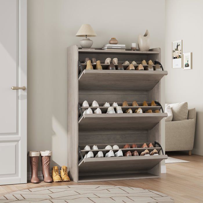 Armoire à chaussures slim en bois gris 3 tiroirs basculants étagères réglables design discret. Idéale pour entrée couloir.