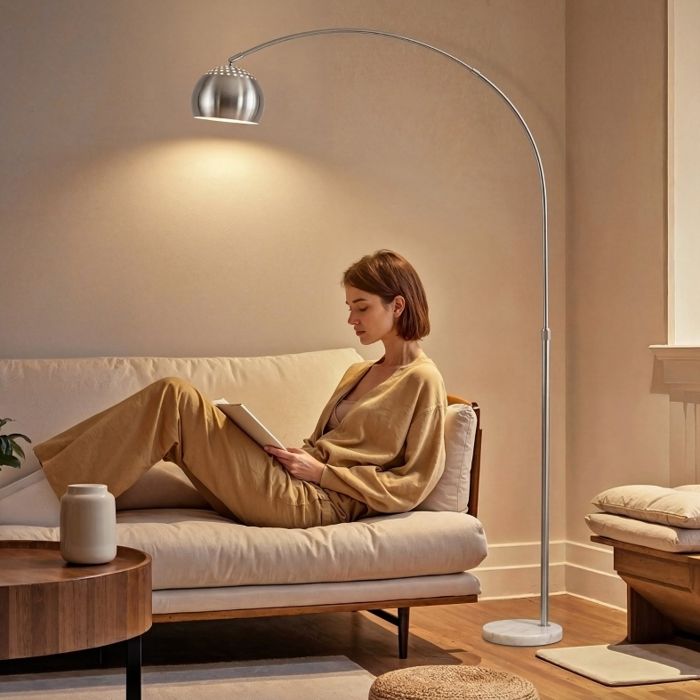 ROVRYN Lampadaire arqué 167 cm avec socle en marbre tête orientable E27 40 W interrupteur au pied argent
