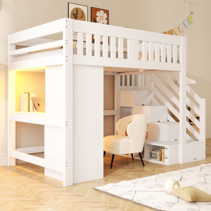Lit mezzanine bois blanc 140x200cm avec rangement ports USB éclairage LED escalier bureau armoire banc pour enfant adulte