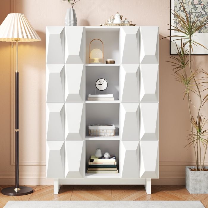 Armoire à chaussures 90 5x34x135 5cm armoire haute aggloméré Relief 4 portes 12 compartiments compartiments ouverts Blanc