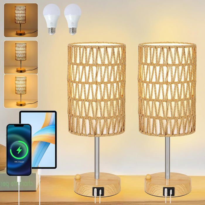 Lampe de Chevet Lot de 2 Lampe de Chevet Touch Dimmable avec Fonction de Chargement Connexions USB A+C Boho Lampes de Table
