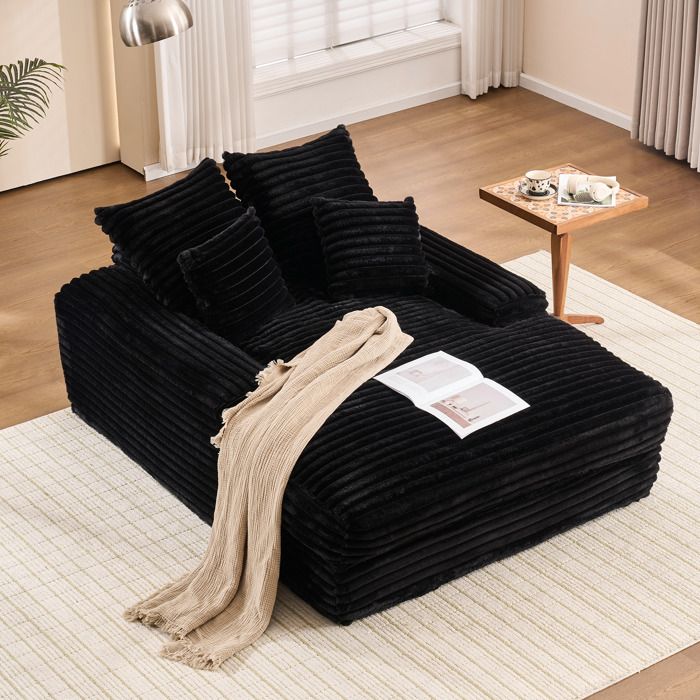 Canapé Lit 2 Places Méridienne de Salon en Velours Côtelé Mousse Haute Densité Inclus 4 Coussins 137 x 175 x 63 cm Noir