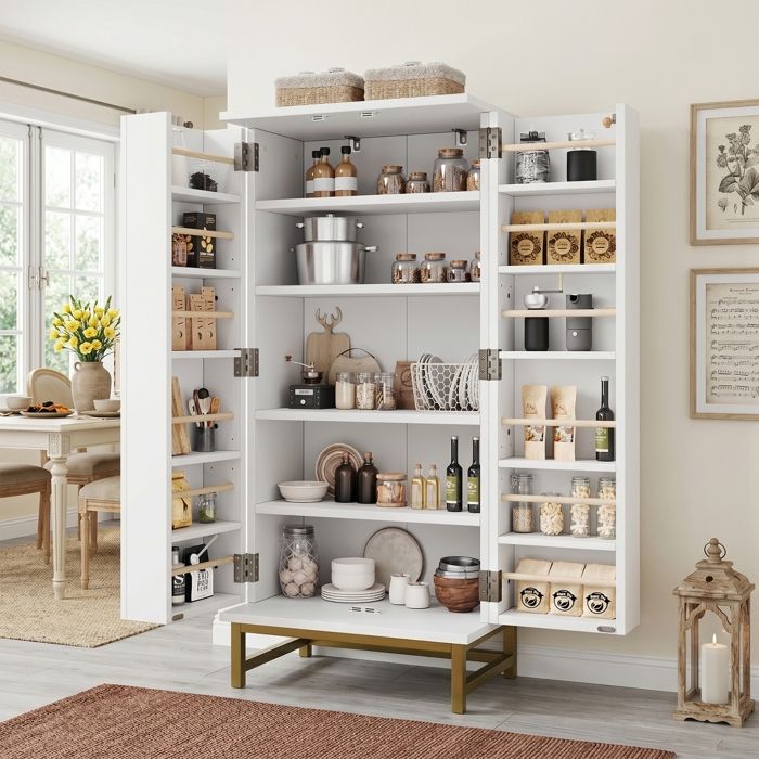 Armoire de cuisine bois composite blanc et or L60 x H130 x P40 cm avec étagères réglables pour salle à manger et salon moderne