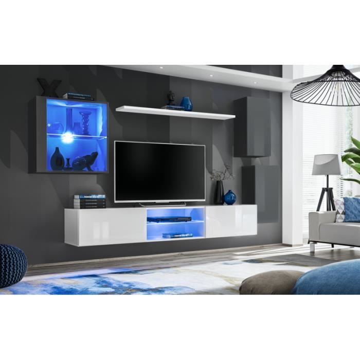 ensemble meuble tv mural switch xxiii - ac-déco - blanc - verre - laqué - 2 portes - contemporain - design