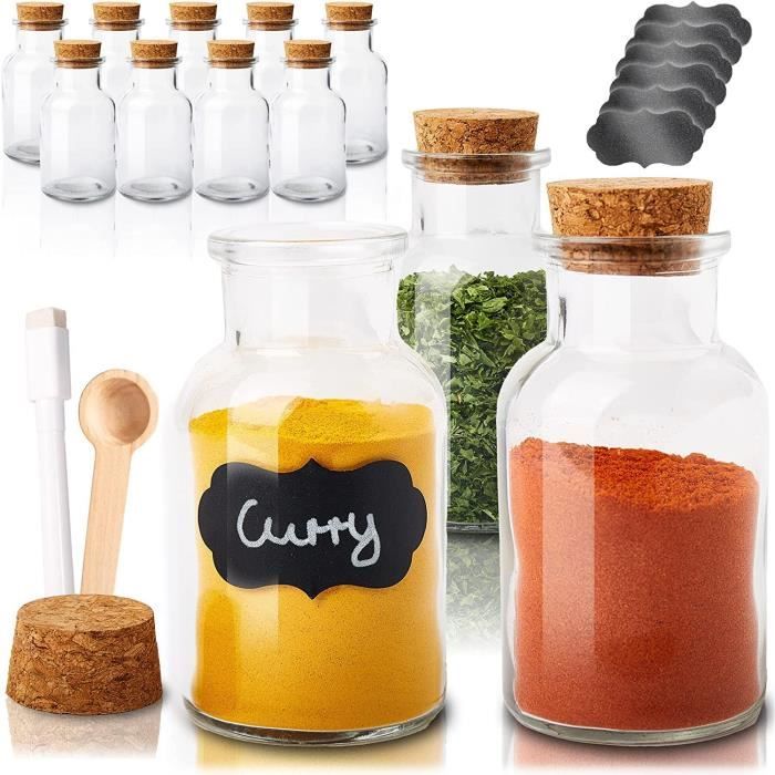 10 Pots à épices 100ml - Avec étiquettes Et Stylo - Hermétiques - Bouchon Verseur/shaker - Plastique Alimentaire