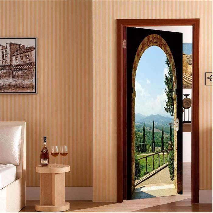 Stickers De Porte Montagne Et Herbe Papier Peint Porte Trompe L'Oeil ...