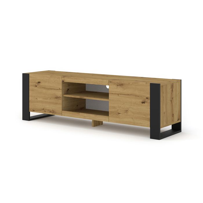 Meuble TV bas Mondi 158 cm Hi-Fi Commode avec pieds noirs Ch&ecirc;ne artisanal