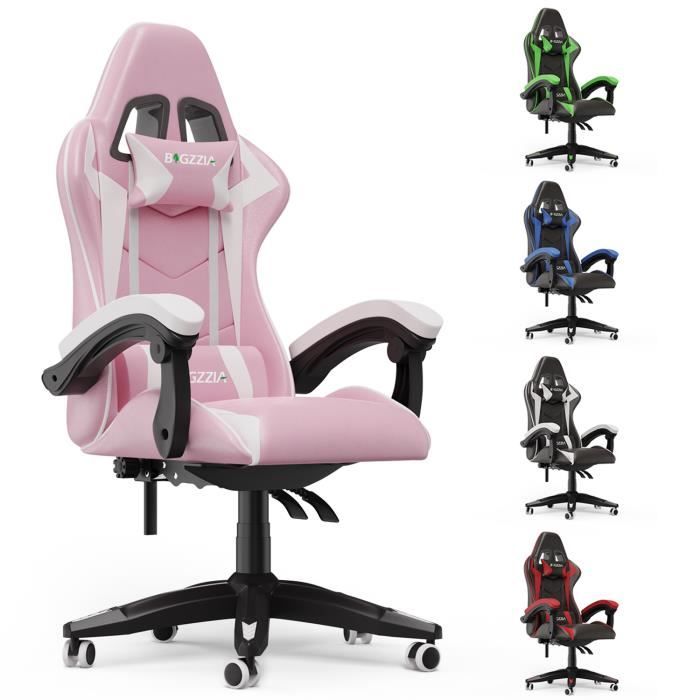 BIGZZIA Chaise de jeu - Chaise gamer - Pivot Chaise robuste -Design ergonomique avec coussin et dossier inclinable - Rose et Blanc