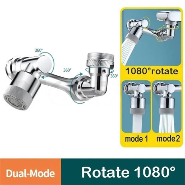 Rallonge De Robinet Rotative 1080° - 2 Pièces Chromées, 2 Modes D'eau, Facile à Installer Pour Cuisine Et Salle De Bain