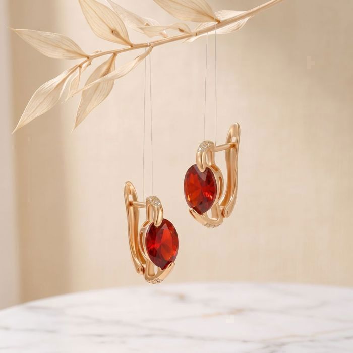 Boucles d’Oreilles - Femme - Dormeuses - Solitaire - Ovale - Rouge - Plaqué Or Jaune 750/1000 - Femme