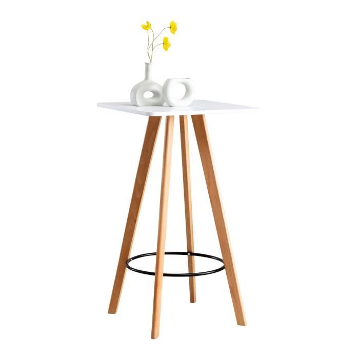 table haute de bar mijas - clp - plateau carré - pieds en bois - repose-pieds en métal - blanc - nature