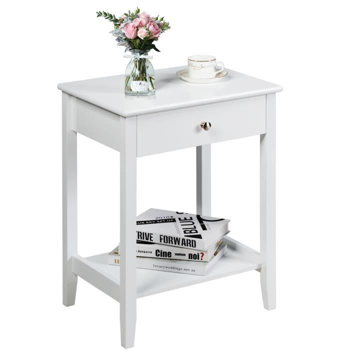 table de chevet à 2 niveaux avec 1 tiroir - costway - moderne blanc - bois massif - 47x36x62 cm