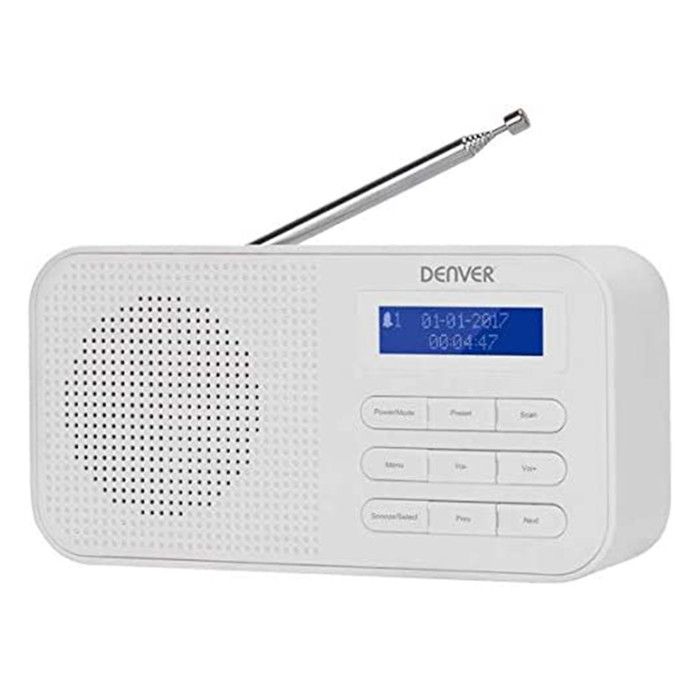 Radio numérique Dab + et FM. DENVER DAB-42WHITE. Horloge Alarme et réveil avec Batterie et énergie. 1W. Finition en Bois