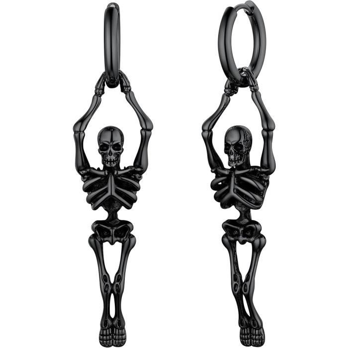 Boucles D’Oreilles Punk Ailes & Tête De Mort – Clous Gothiques Homme En Acier Inoxydable Or/Noir, Style Biker