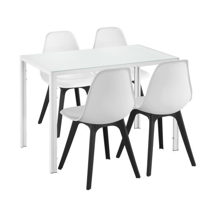 [en.casa] ensemble table et 4 chaises table de salle à manger avec 4 chaises métal bois plastique verre blanc et noir 105cm x 60cm