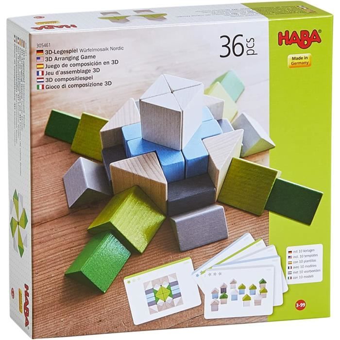HABA - Jeu d'assemblage en 3D Mosaïque Nordic - Jeu de construction cubes Bois PEFC - 3 ans et plus, 305461