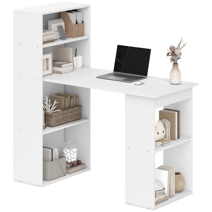 Bureau informatique - HOMCOM - avec rangement 6 compartiments ouverts table ordinateur - bois - 120x55x120cm - blanc