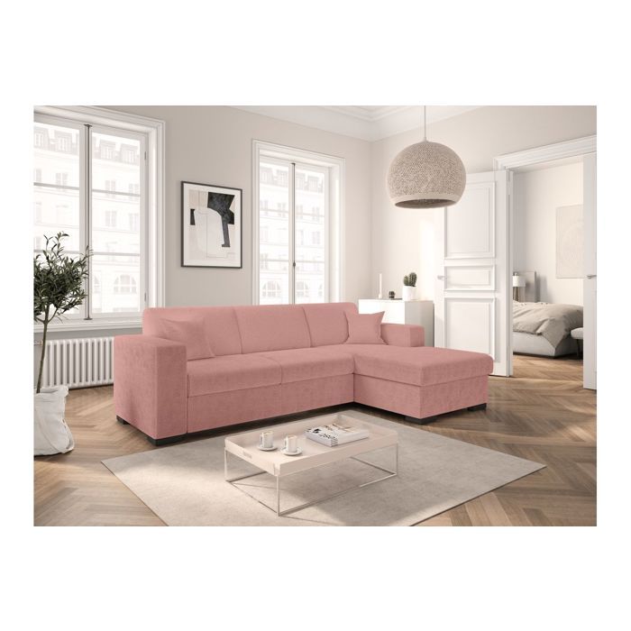 Canapé dangle droit 4 places FUJI XL convertible avec coffre en tissu bouclette - Rose - L262 x P157 x H83cm - LOUNGITUDE Canapé dangle droit 4 places FUJI XL convertible avec coffre en tissu bouclette - Rose - L262 x P157 x H83cm - LOUNGITUDE