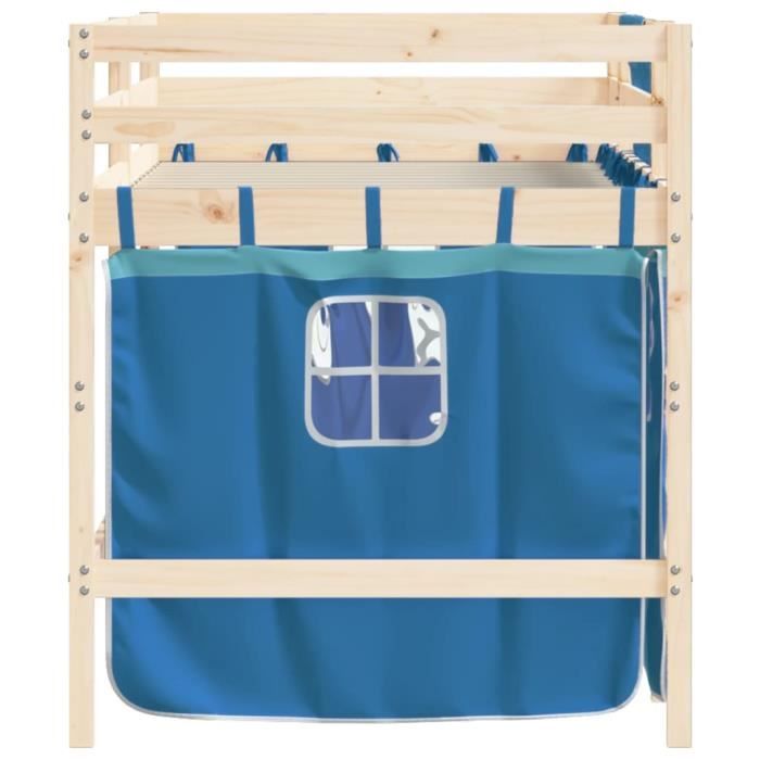 Lit mezzanine enfants - MOTHINESSTO - 80x200cm - Bois pin massif - Rideaux bleu - 1 place