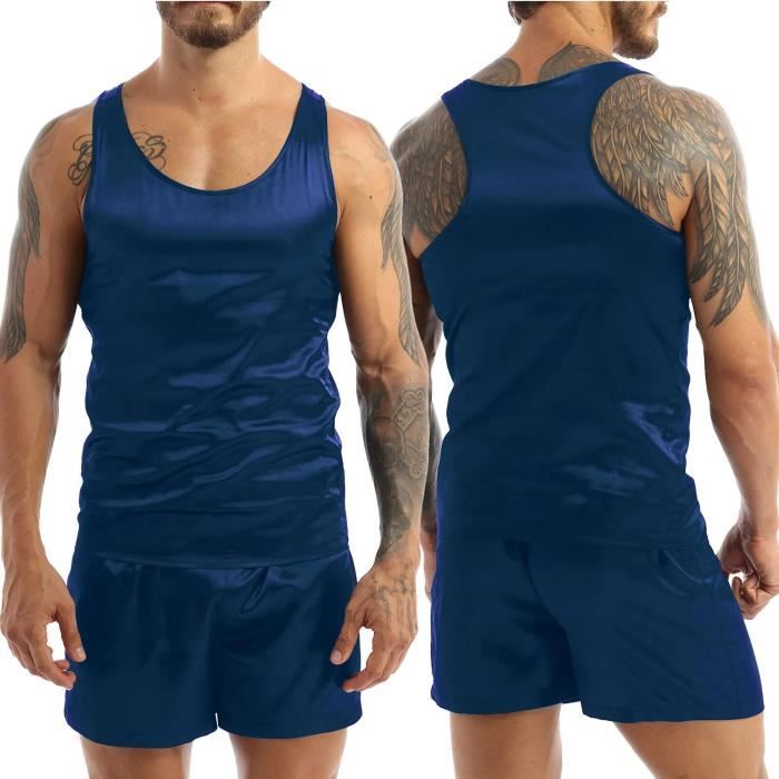 Pyjama en Satin pour Homme,Haut et Short en Fibre Pr?�cieuse,V??tements de Nuit d'??t?�,Ensemble de 