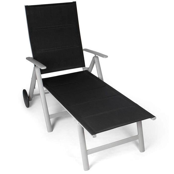 Transat/Chaise longue - Vanage, Surface textile remourée, Pliable, roulettes de transport, Structure en aluminium, Noir