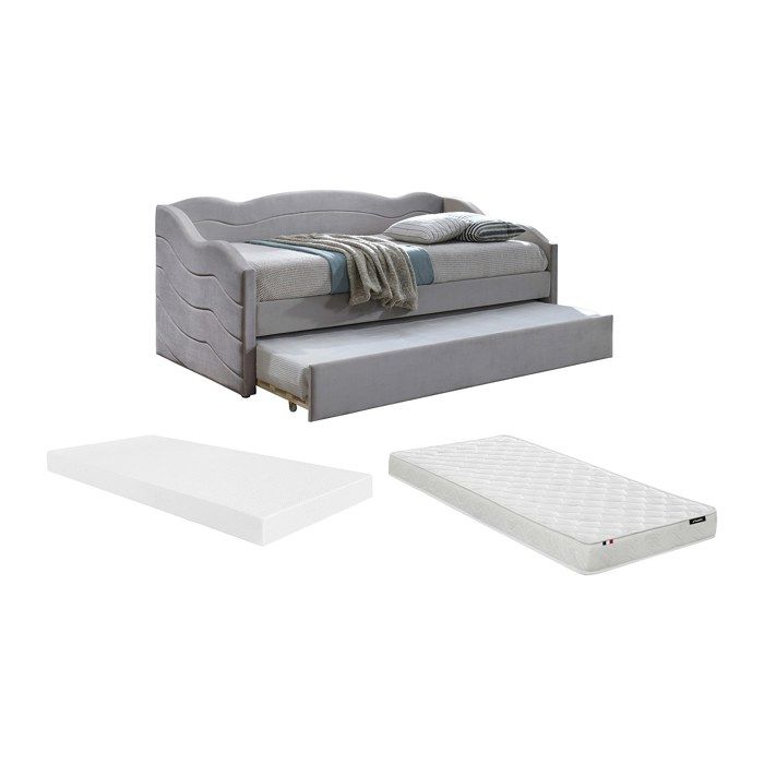 Lit banquette gigogne 2 x 90 x 190 cm - Velours - Taupe + Matelas - LENVIA