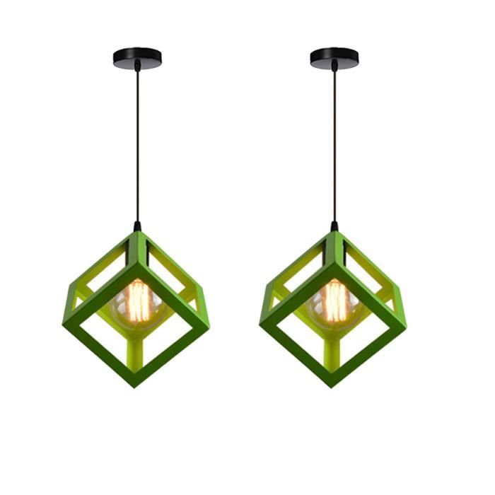 UNI Suspension Luminaire Industrielle E27 Retro Lustre Abat-jour Cube Carre Luminaire Metal Vert 2PCS