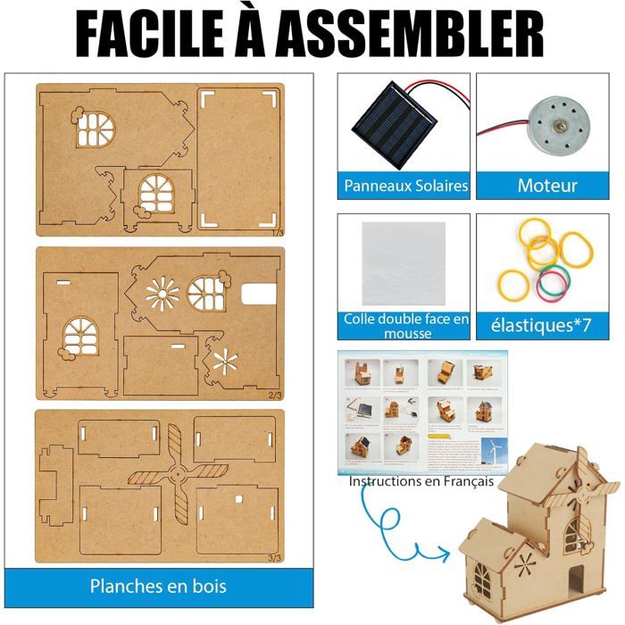 Kit STEM Maison éolienne Solaire – Puzzle 3D En Bois DIY – Dès 8 Ans – Énergie Verte