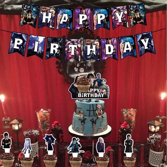 fête du mercredi Addams, ensemble décoration fête d'anniversaire Addams,  comprend une bannière, 18 ballons, 13 gâteau, 6 décorations  tourbillonnantes suspendues : : Cuisine et Maison