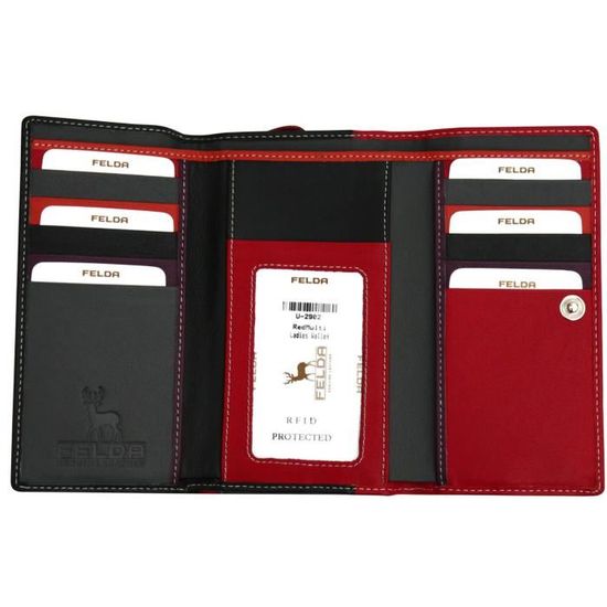 Porte-Monnaie Simple en Cuir v/éritable Nappa avec Protection RFID 12 Compartiments pour Cartes et Pochette pour Monnaie en Format Paysage Noir