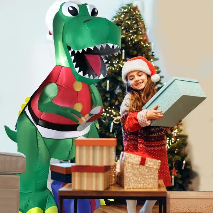 AUFUN 1.8m Dinosaure de Noel gonflable avec gilet boite cadeau bonnet de Noel lumieres LED pour decoration de fete de jardin Cdiscount Maison