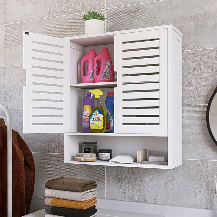 Armoire Murale Salle De Bain En Bambou Naturel - 2 Portes, étagères Réglables - Dimensions 59x20.5x66.5 Cm - Idéale Rangement WC, Cuisine Etagere Murale