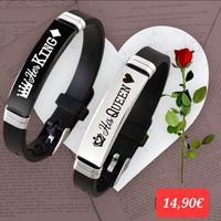 Bracelets duo spécial couple King & Queen - Silicone et acier inoxydable - Noir - 19cm à 22cm