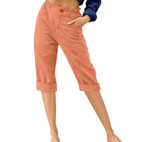 Pantalon Femme Été 3/4 Pantacourt Cargo En Coton Lin Fluide - Taille Élastique Confortable Et Élégant