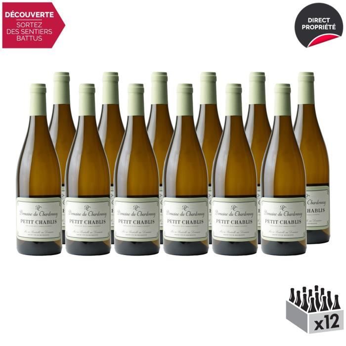 Petit Chablis Sans Sulfites Blanc 2019 - Lot de 12x75cl - Domaine du Chardonnay - Vin AOC Blanc de Bourgogne - Cépage Chardonnay