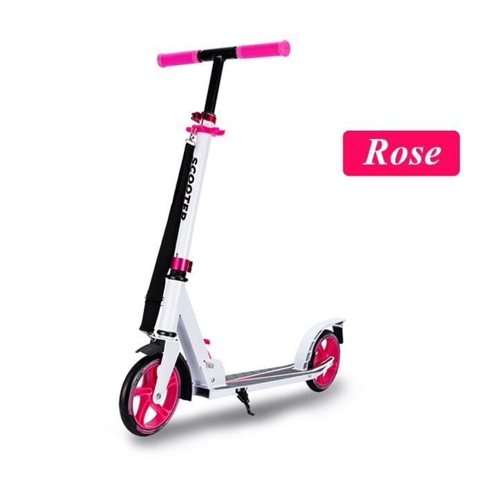 Trottinette adulte/enfant 2 roues 10+ Ans 3 Hauteurs Ajustables blanc et rose avec lanière 100kg roues en PU de 180 mm