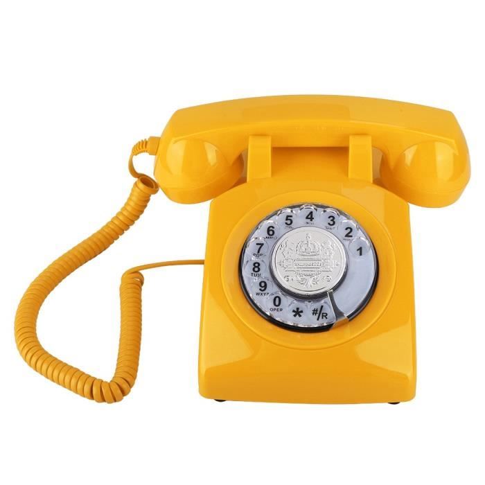Téléphone à Cadran Rotatif Rétro Téléphone Fixe Téléphone de Bureau (Jaune)